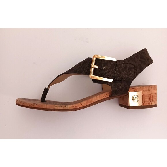 Michael Kors Thong Sandal Brown MK Logo Cork Block Heel Buckle Ankle Strap Sz 6 - Picture 5 of 12
